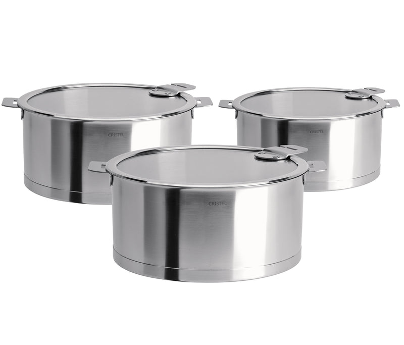 CRISTEL 3-Ply Stainless Steel Saucepan Set (14, 16, 18 and 20cm) with 3 x  Flat Glass Lids and 2 x Detachable Handles